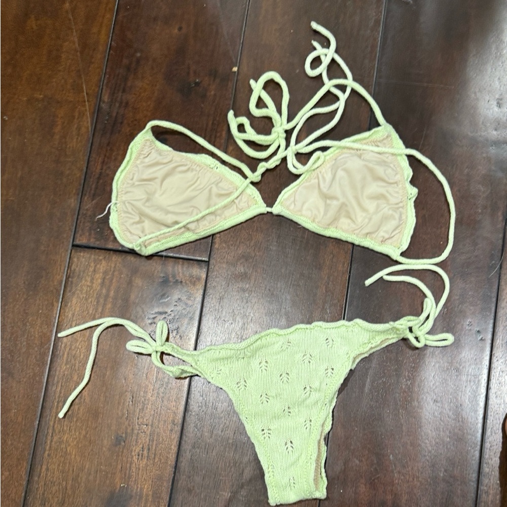 Light Green Knit Triangle Bikini Top and Tie-Side Bottoms - Picture 7 of 8
